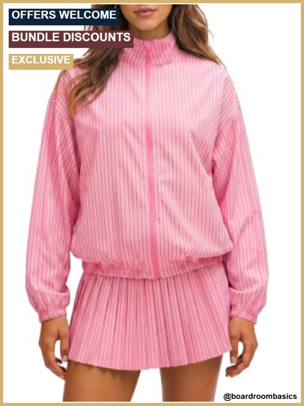2 Piece Striped Outfits Stand Collar Zip Up Jacket Pleated Mini Skirt Tennis